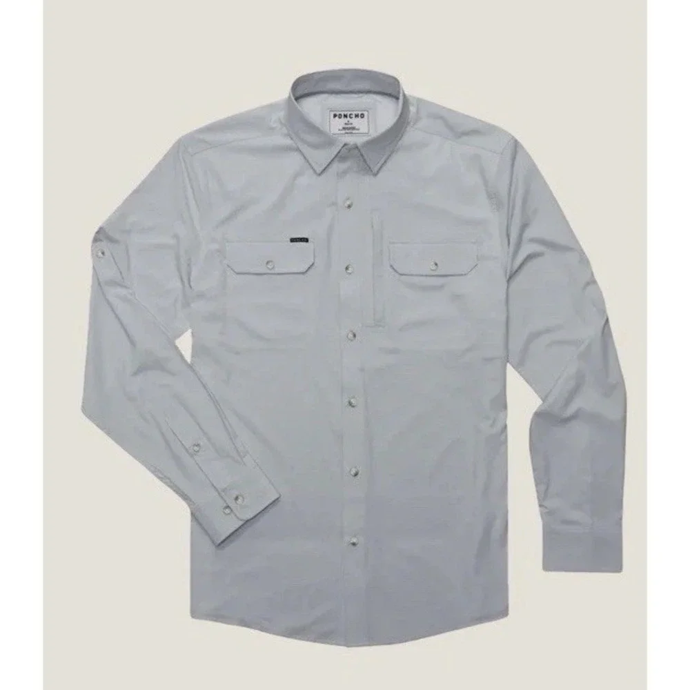 PONCHO Men Long Sleeve Performance Nylon  The Gray Ghost Button Up Stretch - Med - Picture 2 of 11